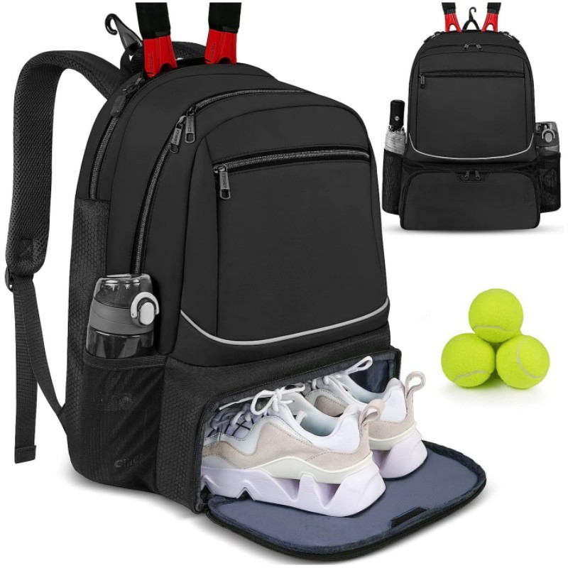 Backpack Racket Bag - กระเป๋าเป้สะพายหลังเทนนิสความจุขนาดใหญ่ กระเป๋าใส่ไม้เทนนิสสำหรับใส่ไม้เทนนิส 1-2 อัน กระเป๋าแบดมินตันกลางแจ้งพร้อมช่องใส่รองเท้า สีดำชมพู