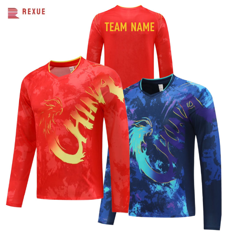 Badminton Logo - China Dragon แขนยาวตารางเทนนิสเสื้อ 2024 สีแดงสีฟ้าจีนทีมแบดมินตัน Jersey